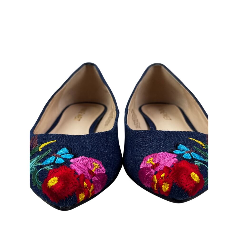 Nine West Obedience Denim Floral Embroidered Pointed Toe Flats Women's Size 6.5 - Picture 3 of 11